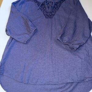 Eddie Bauer Navy Blue Embroidered Long Sleeved Linen Blend Top Size Large